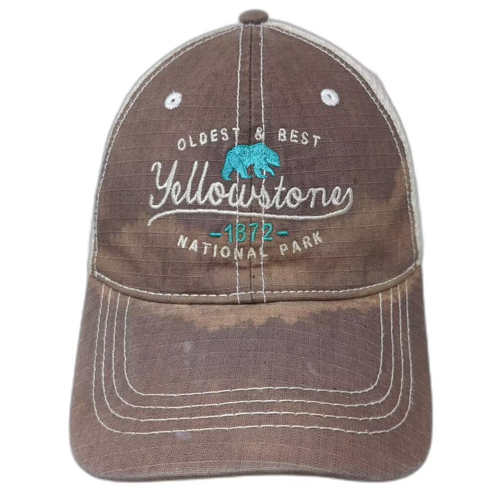 Prairie Mountain Yellowstone Park Bear Brown White Trucker Hat OS Embroidered